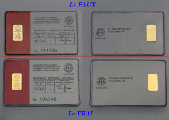 comparaison faux et vrai lingotin de 1 gr (copie HERAEUS)